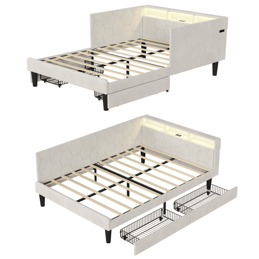 Cama estofada de 140x200 cm com estrado de ripas, cama de veludo com 2 gavetas, iluminação LED, porta de carregamento USB e Tipo-C, sofá-cama 2 em 1, bege Cama estofada de 140x200 cm com estrado de ripas, cama de veludo com 2 gavetas, iluminação LED, porta de carregamento USB e Tipo-C, sofá-cama 2 em 1, bege