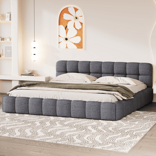 Cama 140 x 200 cm, cama jovem, cama de casal, com encosto macio, cama plana, estrado de ripas, linho, cinza Cama 140 x 200 cm, cama jovem, cama de casal, com encosto macio, cama plana, estrado de ripas, linho, cinza