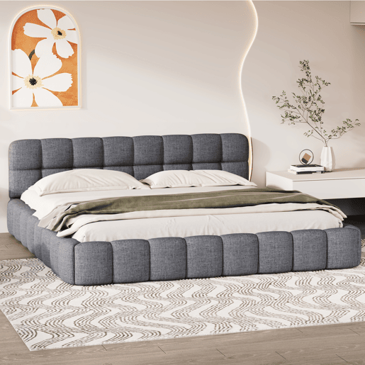 Cama 140 x 200 cm, cama jovem, cama de casal, com encosto macio, cama plana, estrado de ripas, linho, cinza Cama 140 x 200 cm, cama jovem, cama de casal, com encosto macio, cama plana, estrado de ripas, linho, cinza