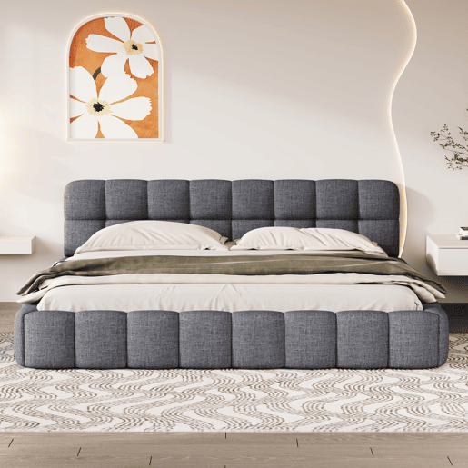 Cama 140 x 200 cm, cama jovem, cama de casal, com encosto macio, cama plana, estrado de ripas, linho, cinza Cama 140 x 200 cm, cama jovem, cama de casal, com encosto macio, cama plana, estrado de ripas, linho, cinza