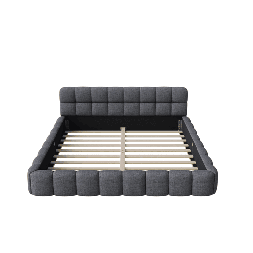 Cama 140 x 200 cm, cama jovem, cama de casal, com encosto macio, cama plana, estrado de ripas, linho, cinza Cama 140 x 200 cm, cama jovem, cama de casal, com encosto macio, cama plana, estrado de ripas, linho, cinza