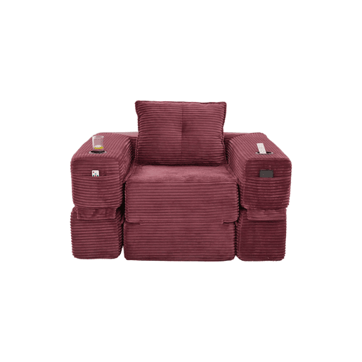 Sofá-cama individual - assento com espuma de alta densidade e molas, bolso lateral, porta-copos e braços com fecho de correr - vermelho vinho Sofá-cama individual - assento com espuma de alta densidade e molas, bolso lateral, porta-copos e braços com fecho de correr - vermelho vinho