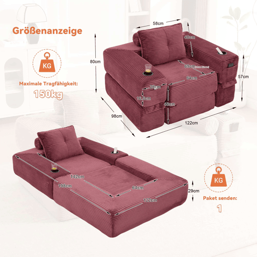 Sofá-cama individual - assento com espuma de alta densidade e molas, bolso lateral, porta-copos e braços com fecho de correr - vermelho vinho Sofá-cama individual - assento com espuma de alta densidade e molas, bolso lateral, porta-copos e braços com fecho de correr - vermelho vinho