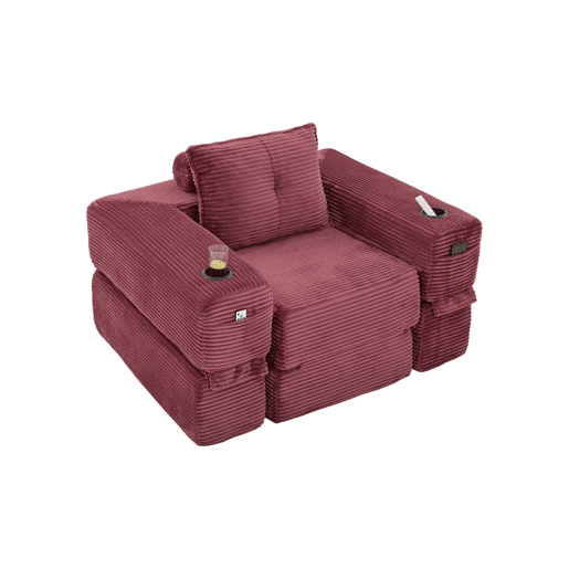 Sofá-cama individual - assento com espuma de alta densidade e molas, bolso lateral, porta-copos e braços com fecho de correr - vermelho vinho Sofá-cama individual - assento com espuma de alta densidade e molas, bolso lateral, porta-copos e braços com fecho de correr - vermelho vinho
