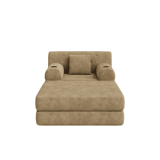 Sofá-cama individual de 1 lugar - reclinável em veludo cotelê com pufe, encosto alto, estrutura metálica, espuma de alta densidade, porta-copos e bolsos laterais - Cáqui