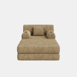 Sofá-cama individual de 1 lugar - reclinável em veludo cotelê com pufe, encosto alto, estrutura metálica, espuma de alta densidade, porta-copos e bolsos laterais - Cáqui