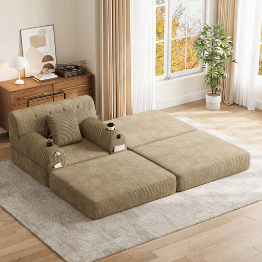 Sofá-cama individual de 1 lugar - reclinável em veludo cotelê com pufe, encosto alto, estrutura metálica, espuma de alta densidade, porta-copos e bolsos laterais - Cáqui