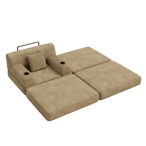 Sofá-cama individual de 1 lugar - reclinável em veludo cotelê com pufe, encosto alto, estrutura metálica, espuma de alta densidade, porta-copos e bolsos laterais - Cáqui