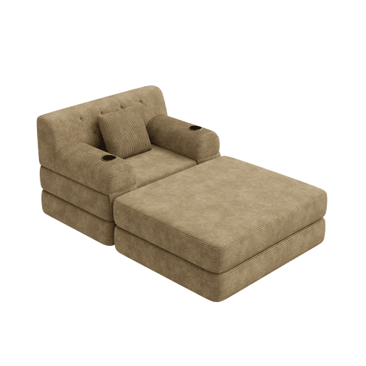 Sofá-cama individual de 1 lugar - reclinável em veludo cotelê com pufe, encosto alto, estrutura metálica, espuma de alta densidade, porta-copos e bolsos laterais - Cáqui