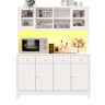 Armário de cozinha 140 x 38,5 x 180 cm u2013 com LED RGB inteligente, portas de vidro, 4 gavetas e prateleiras ajustáveis u2013 Branco