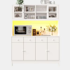 Armário de cozinha 140 x 38,5 x 180 cm u2013 com LED RGB inteligente, portas de vidro, 4 gavetas e prateleiras ajustáveis u2013 Branco