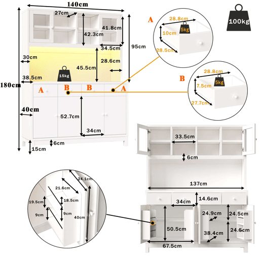 Armário de cozinha 140 x 38,5 x 180 cm u2013 com LED RGB inteligente, portas de vidro, 4 gavetas e prateleiras ajustáveis u2013 Branco
