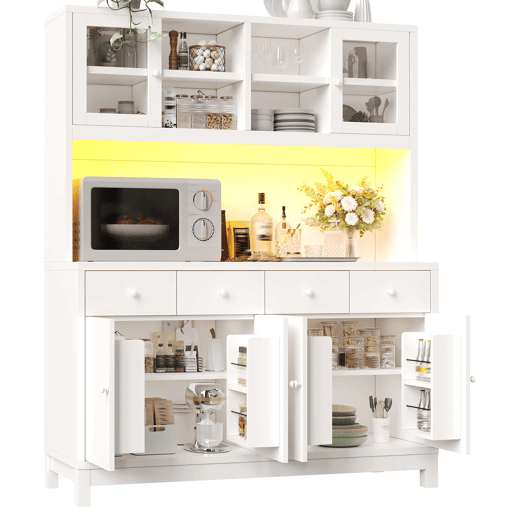 Armário de cozinha 140 x 38,5 x 180 cm u2013 com LED RGB inteligente, portas de vidro, 4 gavetas e prateleiras ajustáveis u2013 Branco