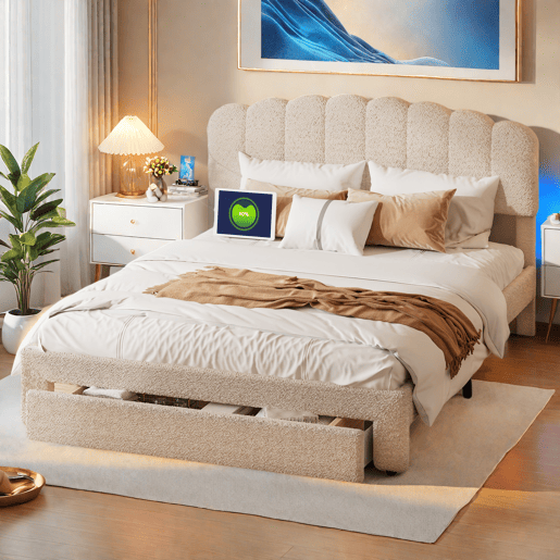 Cama estofada 160x200cm com USB e gavetas, cama de casal cama jovem com estrado de ripas, cama de madeira cama de arrumação cama clássica, lã de ovelha, bege Cama estofada 160x200cm com USB e gavetas, cama de casal cama jovem com estrado de ripas, cama de madeira cama de arrumação cama clássica, lã de ovelha, bege