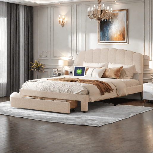 Cama estofada 160x200cm com USB e gavetas, cama de casal cama jovem com estrado de ripas, cama de madeira cama de arrumação cama clássica, lã de ovelha, bege Cama estofada 160x200cm com USB e gavetas, cama de casal cama jovem com estrado de ripas, cama de madeira cama de arrumação cama clássica, lã de ovelha, bege
