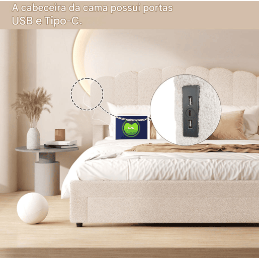 Cama estofada 160x200cm com USB e gavetas, cama de casal cama jovem com estrado de ripas, cama de madeira cama de arrumação cama clássica, lã de ovelha, bege Cama estofada 160x200cm com USB e gavetas, cama de casal cama jovem com estrado de ripas, cama de madeira cama de arrumação cama clássica, lã de ovelha, bege