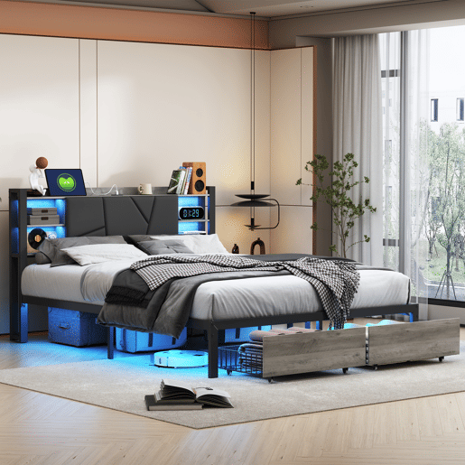 Cama 140x200cm, LED, USB, cama jovem, cama de casal, gaveta, cama de metal, cama com arrumação, cama de madeira maciça Cama 140x200cm, LED, USB, cama jovem, cama de casal, gaveta, cama de metal, cama com arrumação, cama de madeira maciça