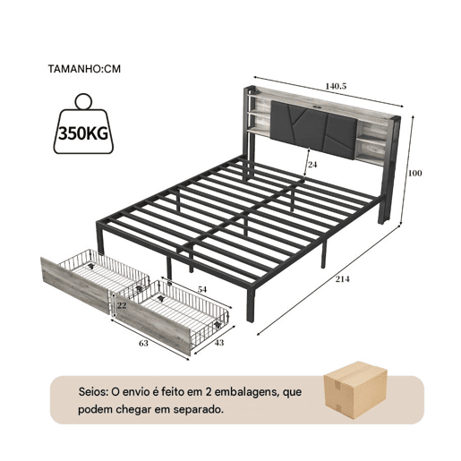 Cama 140x200cm, LED, USB, cama jovem, cama de casal, gaveta, cama de metal, cama com arrumação, cama de madeira maciça Cama 140x200cm, LED, USB, cama jovem, cama de casal, gaveta, cama de metal, cama com arrumação, cama de madeira maciça
