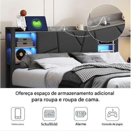 Cama 140x200cm, LED, USB, cama jovem, cama de casal, gaveta, cama de metal, cama com arrumação, cama de madeira maciça Cama 140x200cm, LED, USB, cama jovem, cama de casal, gaveta, cama de metal, cama com arrumação, cama de madeira maciça