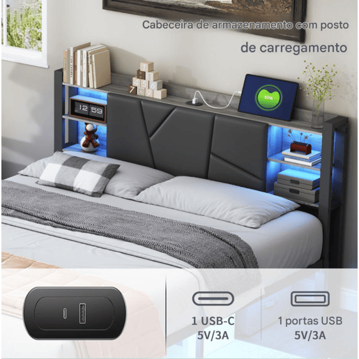 Cama 140x200cm, LED, USB, cama jovem, cama de casal, gaveta, cama de metal, cama com arrumação, cama de madeira maciça Cama 140x200cm, LED, USB, cama jovem, cama de casal, gaveta, cama de metal, cama com arrumação, cama de madeira maciça
