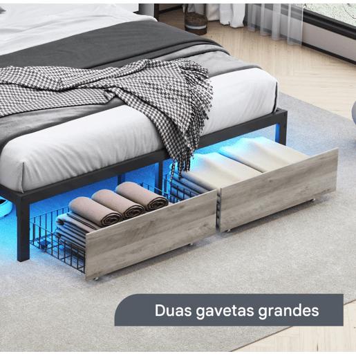 Cama 140x200cm, LED, USB, cama jovem, cama de casal, gaveta, cama de metal, cama com arrumação, cama de madeira maciça Cama 140x200cm, LED, USB, cama jovem, cama de casal, gaveta, cama de metal, cama com arrumação, cama de madeira maciça