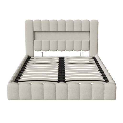 Cama estofada com função de carregamento USB e cabeceira de armazenamento LED, cama de armazenamento cama de casal hidráulica 160x200cm, estrutura de ripas de madeira, cama com estrutura de ripas de estrutura de metal, linho, bege Cama estofada com função de carregamento USB e cabeceira de armazenamento LED, cama de armazenamento cama de casal hidráulica 160x200cm, estrutura de ripas de madeira, cama com estrutura de ripas de estrutura de metal, linho, bege