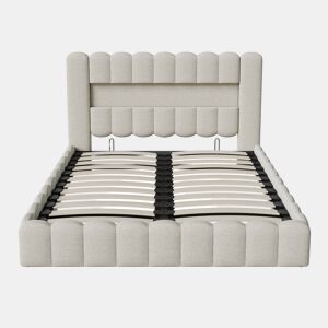 Cama estofada com função de carregamento USB e cabeceira de armazenamento LED, cama de armazenamento cama de casal hidráulica 160x200cm, estrutura de ripas de madeira, cama com estrutura de ripas de estrutura de metal, linho, bege