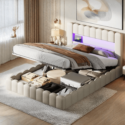 Cama estofada com função de carregamento USB e cabeceira de armazenamento LED, cama de armazenamento cama de casal hidráulica 160x200cm, estrutura de ripas de madeira, cama com estrutura de ripas de estrutura de metal, linho, bege Cama estofada com função de carregamento USB e cabeceira de armazenamento LED, cama de armazenamento cama de casal hidráulica 160x200cm, estrutura de ripas de madeira, cama com estrutura de ripas de estrutura de metal, linho, bege
