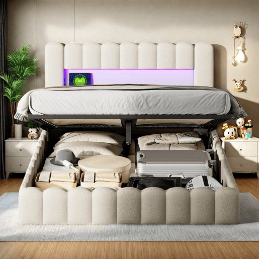 Cama estofada com função de carregamento USB e cabeceira de armazenamento LED, cama de armazenamento cama de casal hidráulica 160x200cm, estrutura de ripas de madeira, cama com estrutura de ripas de estrutura de metal, linho, bege Cama estofada com função de carregamento USB e cabeceira de armazenamento LED, cama de armazenamento cama de casal hidráulica 160x200cm, estrutura de ripas de madeira, cama com estrutura de ripas de estrutura de metal, linho, bege