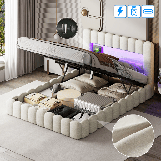 Cama estofada com função de carregamento USB e cabeceira de armazenamento LED, cama de armazenamento cama de casal hidráulica 160x200cm, estrutura de ripas de madeira, cama com estrutura de ripas de estrutura de metal, linho, bege Cama estofada com função de carregamento USB e cabeceira de armazenamento LED, cama de armazenamento cama de casal hidráulica 160x200cm, estrutura de ripas de madeira, cama com estrutura de ripas de estrutura de metal, linho, bege