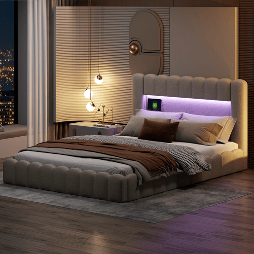 Cama estofada com função de carregamento USB e cabeceira de armazenamento LED, cama de armazenamento cama de casal hidráulica 160x200cm, estrutura de ripas de madeira, cama com estrutura de ripas de estrutura de metal, linho, bege Cama estofada com função de carregamento USB e cabeceira de armazenamento LED, cama de armazenamento cama de casal hidráulica 160x200cm, estrutura de ripas de madeira, cama com estrutura de ripas de estrutura de metal, linho, bege