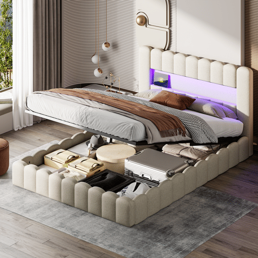 Cama estofada com função de carregamento USB e cabeceira de armazenamento LED, cama de armazenamento cama de casal hidráulica 160x200cm, estrutura de ripas de madeira, cama com estrutura de ripas de estrutura de metal, linho, bege Cama estofada com função de carregamento USB e cabeceira de armazenamento LED, cama de armazenamento cama de casal hidráulica 160x200cm, estrutura de ripas de madeira, cama com estrutura de ripas de estrutura de metal, linho, bege