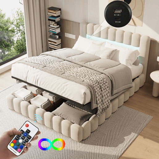 Cama estofada com função de carregamento USB e cabeceira de armazenamento LED, cama de armazenamento cama de casal hidráulica 160x200cm, estrutura de ripas de madeira, cama com estrutura de ripas de estrutura de metal, linho, bege Cama estofada com função de carregamento USB e cabeceira de armazenamento LED, cama de armazenamento cama de casal hidráulica 160x200cm, estrutura de ripas de madeira, cama com estrutura de ripas de estrutura de metal, linho, bege