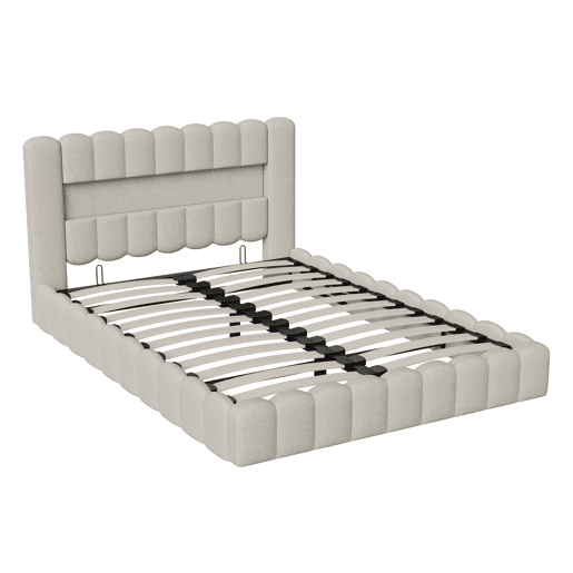 Cama estofada com função de carregamento USB e cabeceira de armazenamento LED, cama de armazenamento cama de casal hidráulica 160x200cm, estrutura de ripas de madeira, cama com estrutura de ripas de estrutura de metal, linho, bege Cama estofada com função de carregamento USB e cabeceira de armazenamento LED, cama de armazenamento cama de casal hidráulica 160x200cm, estrutura de ripas de madeira, cama com estrutura de ripas de estrutura de metal, linho, bege