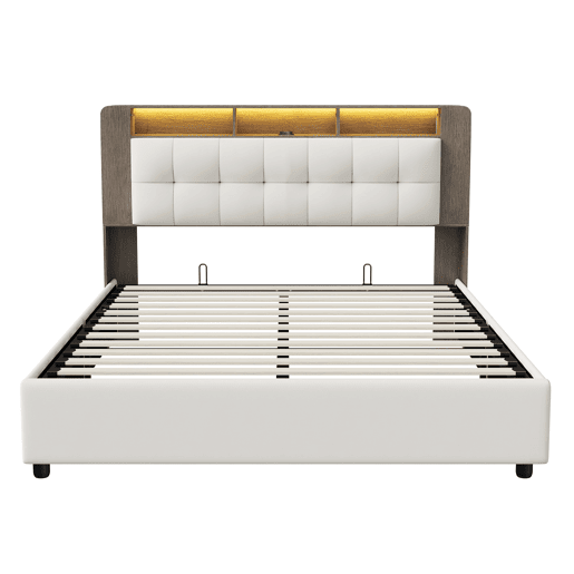 Cama estofada 160x200cm com estrado de ripas, cama box hidráulica com espaço de arrumação, cama box com arrumação, cama de casal com cabeceira com arrumação e LED, bege Cama estofada 160x200cm com estrado de ripas, cama box hidráulica com espaço de arrumação, cama box com arrumação, cama de casal com cabeceira com arrumação e LED, bege
