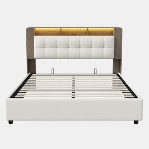 Cama estofada 160x200cm com estrado de ripas, cama box hidráulica com espaço de arrumação, cama box com arrumação, cama de casal com cabeceira com arrumação e LED, bege