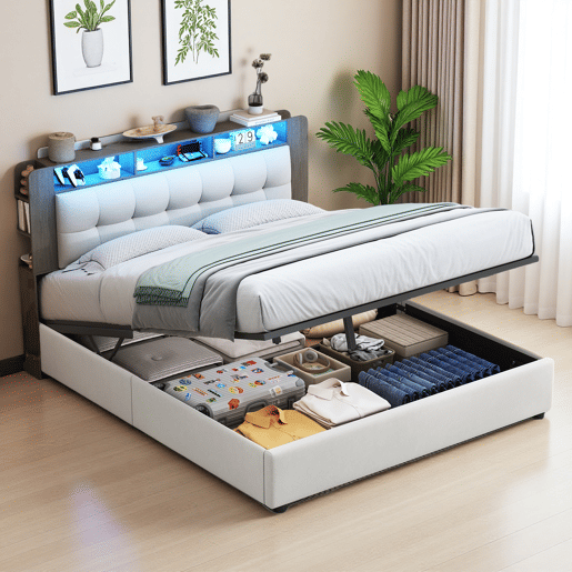 Cama estofada 160x200cm com estrado de ripas, cama box hidráulica com espaço de arrumação, cama box com arrumação, cama de casal com cabeceira com arrumação e LED, bege Cama estofada 160x200cm com estrado de ripas, cama box hidráulica com espaço de arrumação, cama box com arrumação, cama de casal com cabeceira com arrumação e LED, bege