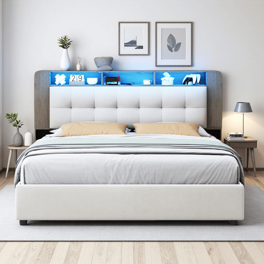 Cama estofada 160x200cm com estrado de ripas, cama box hidráulica com espaço de arrumação, cama box com arrumação, cama de casal com cabeceira com arrumação e LED, bege Cama estofada 160x200cm com estrado de ripas, cama box hidráulica com espaço de arrumação, cama box com arrumação, cama de casal com cabeceira com arrumação e LED, bege