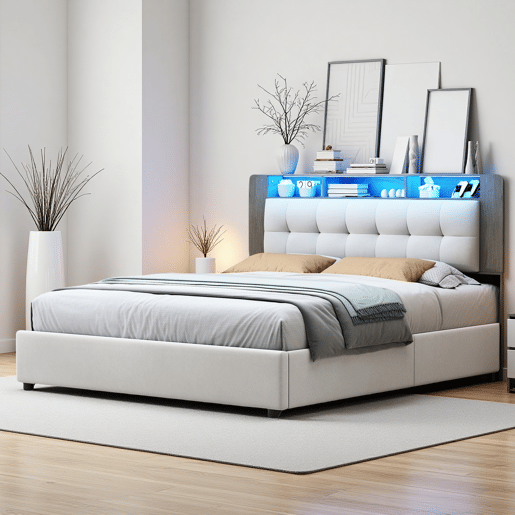Cama estofada 160x200cm com estrado de ripas, cama box hidráulica com espaço de arrumação, cama box com arrumação, cama de casal com cabeceira com arrumação e LED, bege Cama estofada 160x200cm com estrado de ripas, cama box hidráulica com espaço de arrumação, cama box com arrumação, cama de casal com cabeceira com arrumação e LED, bege