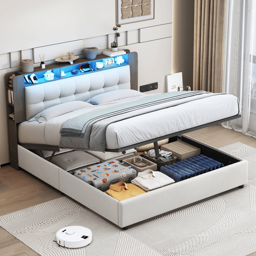 Cama estofada 160x200cm com estrado de ripas, cama box hidráulica com espaço de arrumação, cama box com arrumação, cama de casal com cabeceira com arrumação e LED, bege Cama estofada 160x200cm com estrado de ripas, cama box hidráulica com espaço de arrumação, cama box com arrumação, cama de casal com cabeceira com arrumação e LED, bege