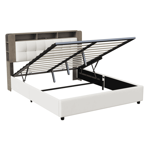 Cama estofada 160x200cm com estrado de ripas, cama box hidráulica com espaço de arrumação, cama box com arrumação, cama de casal com cabeceira com arrumação e LED, bege Cama estofada 160x200cm com estrado de ripas, cama box hidráulica com espaço de arrumação, cama box com arrumação, cama de casal com cabeceira com arrumação e LED, bege