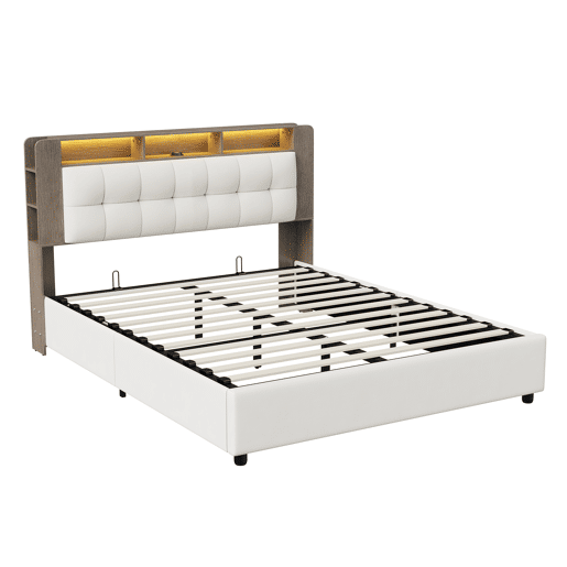 Cama estofada 160x200cm com estrado de ripas, cama box hidráulica com espaço de arrumação, cama box com arrumação, cama de casal com cabeceira com arrumação e LED, bege Cama estofada 160x200cm com estrado de ripas, cama box hidráulica com espaço de arrumação, cama box com arrumação, cama de casal com cabeceira com arrumação e LED, bege