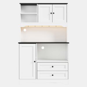 Armário alto de cozinha 100x40x163 cm u2014 com iluminação LED, tomadas, espaço para micro-ondas, prateleiras ajustáveis e porta USB u2014 Branco