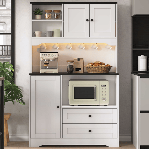 Armário alto de cozinha 100x40x163 cm u2014 com iluminação LED, tomadas, espaço para micro-ondas, prateleiras ajustáveis e porta USB u2014 Branco