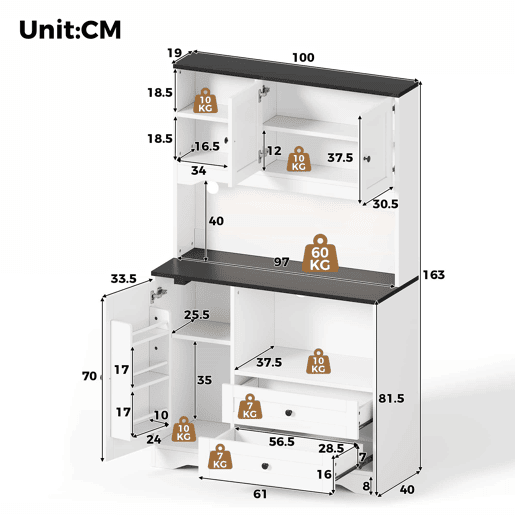 Armário alto de cozinha 100x40x163 cm u2014 com iluminação LED, tomadas, espaço para micro-ondas, prateleiras ajustáveis e porta USB u2014 Branco