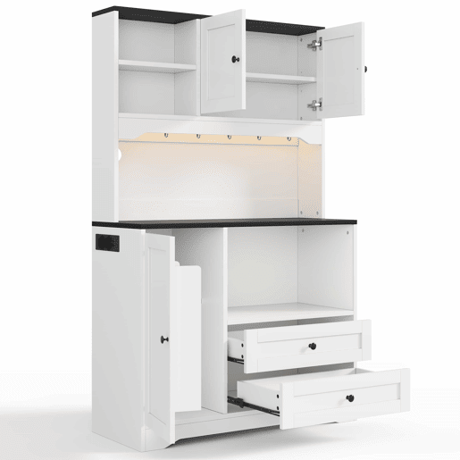 Armário alto de cozinha 100x40x163 cm u2014 com iluminação LED, tomadas, espaço para micro-ondas, prateleiras ajustáveis e porta USB u2014 Branco