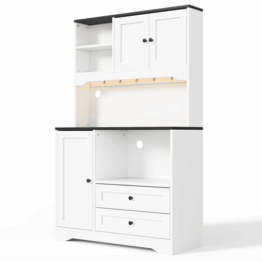 Armário alto de cozinha 100x40x163 cm u2014 com iluminação LED, tomadas, espaço para micro-ondas, prateleiras ajustáveis e porta USB u2014 Branco