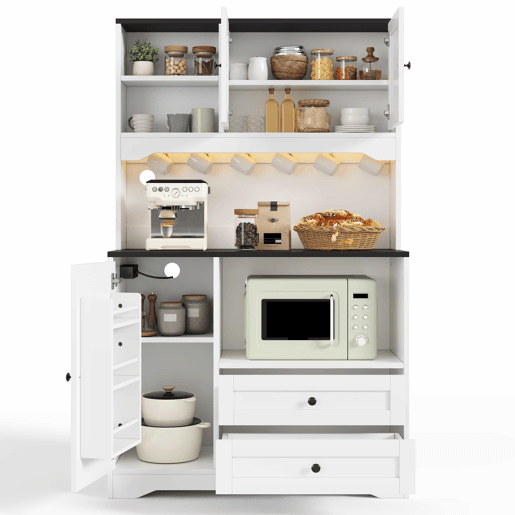 Armário alto de cozinha 100x40x163 cm u2014 com iluminação LED, tomadas, espaço para micro-ondas, prateleiras ajustáveis e porta USB u2014 Branco