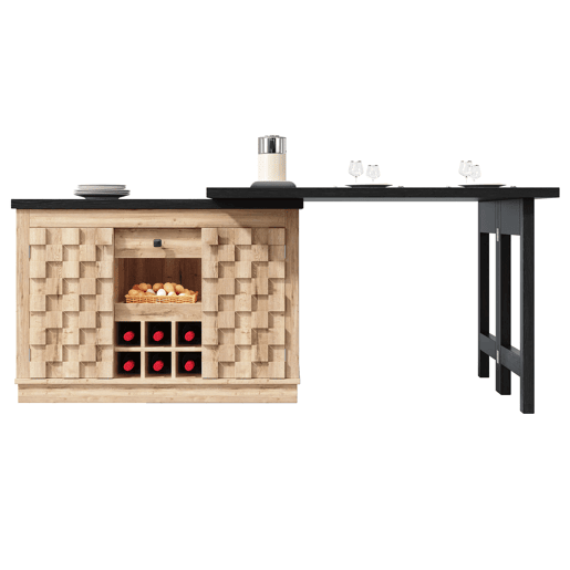 Ilha de cozinha giratória a 360°, 120-197 cm u2014 com portas em patchwork, suporte para garrafas extraível e gavetas u2014 Carvalho claroPreto