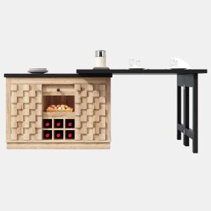 Ilha de cozinha giratória a 360°, 120-197 cm u2014 com portas em patchwork, suporte para garrafas extraível e gavetas u2014 Carvalho claroPreto